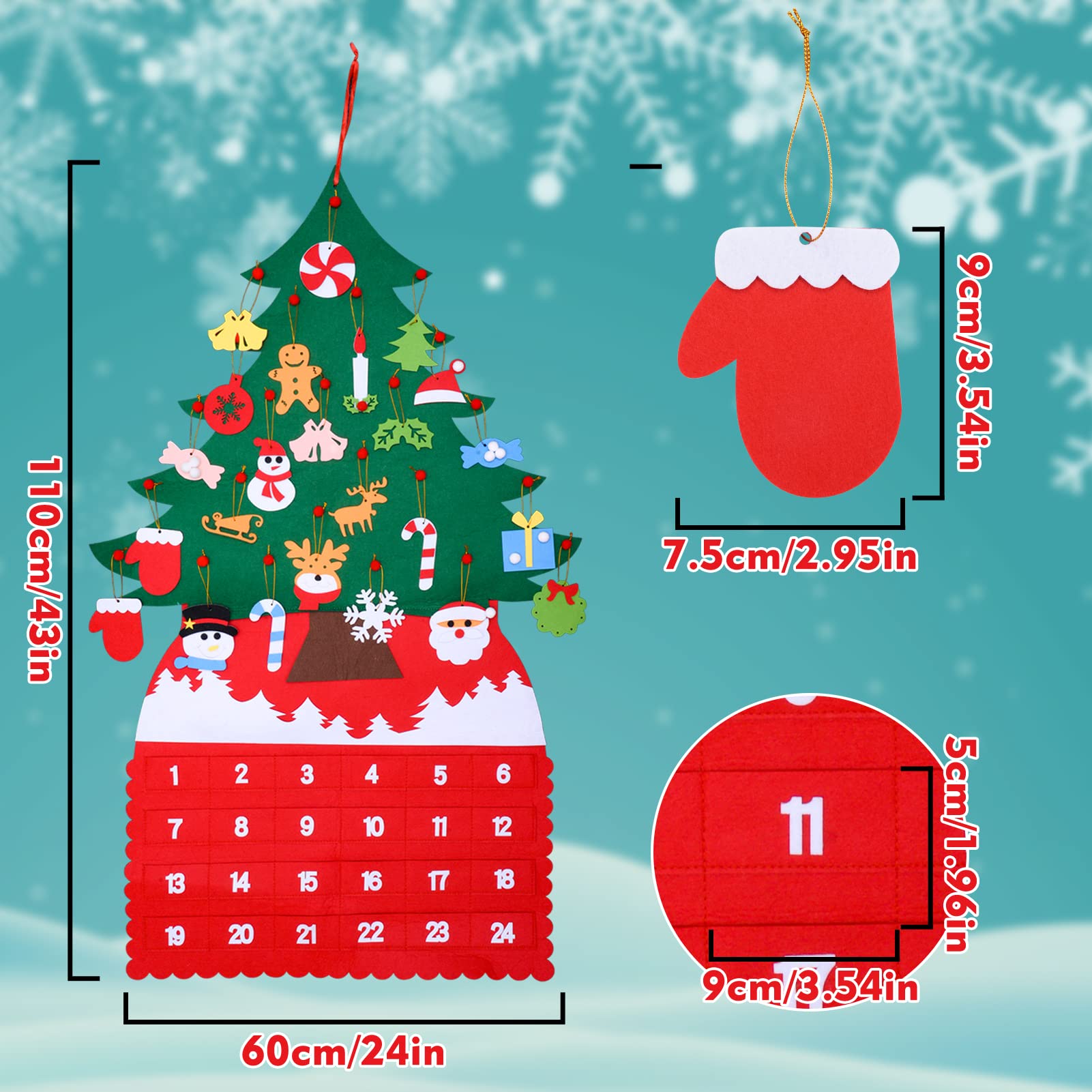 Christmas Tree Advent Calendar (2024 New), 24 Days Countdown to Christmas Felt Fabric Advent Calendar with 24 Ornaments & Pocket